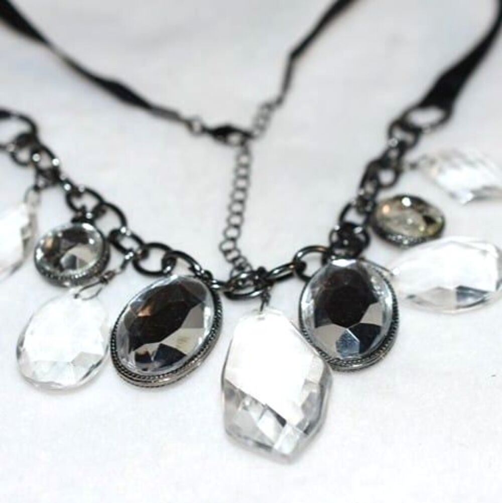 Gothic Charm Cut Glass Crystal Dangles Black Link Chain Ribbon Choker Necklace